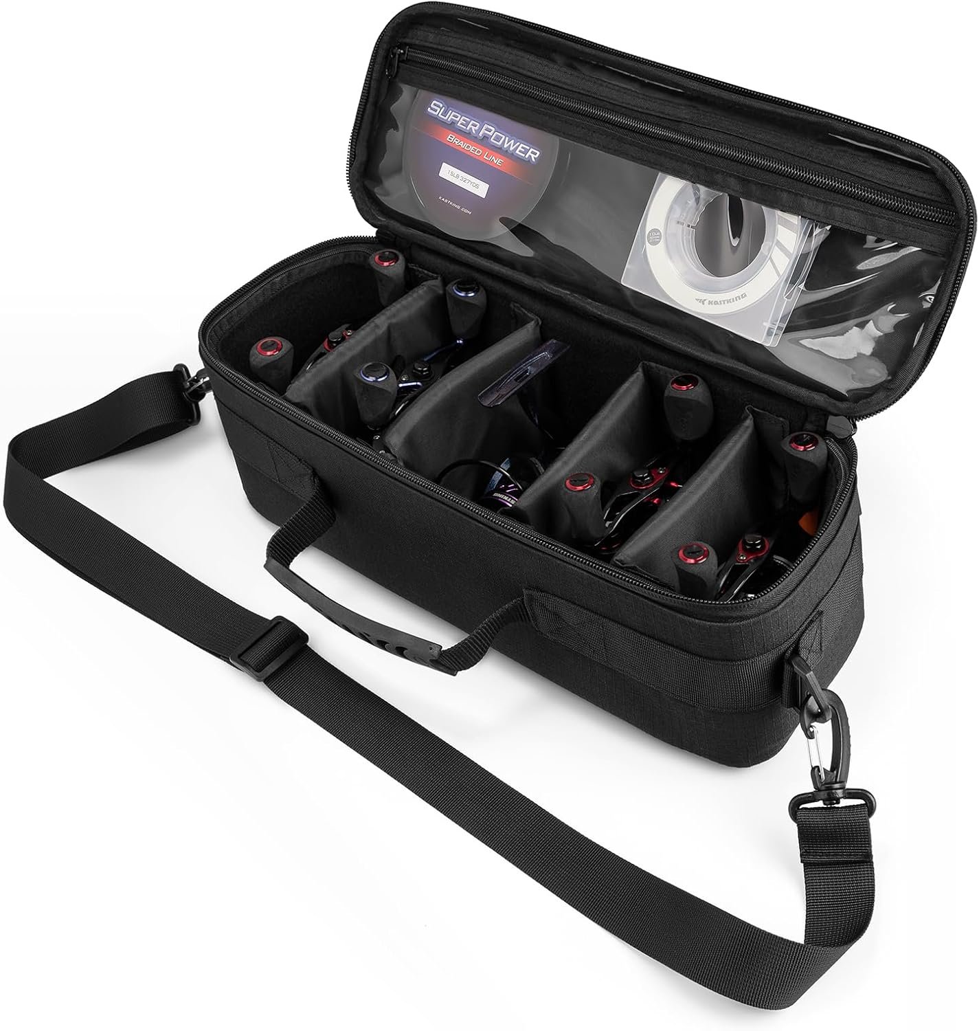 Double-Layer Fishing Line Storage Bag With 5 Compartments And 6 Line-Dispensing Ports
