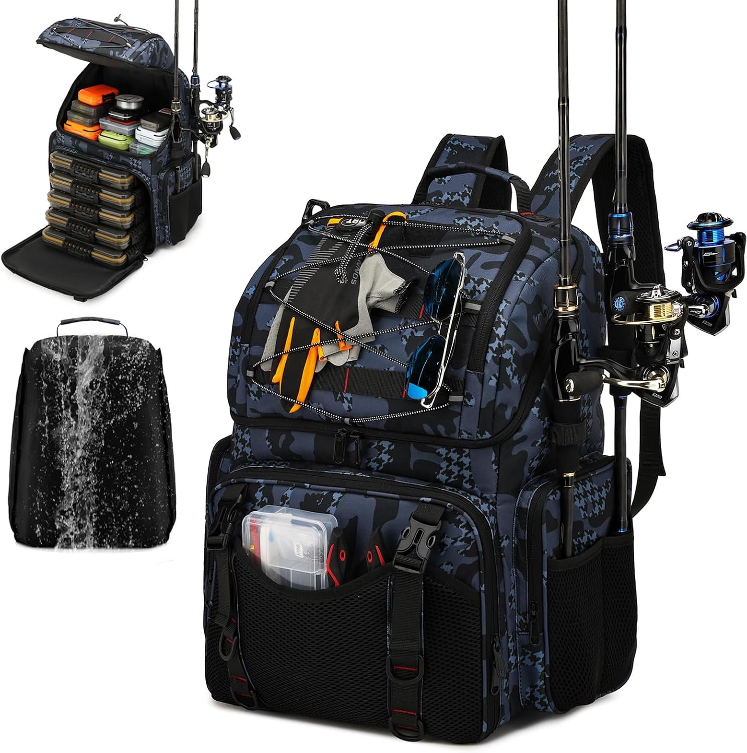 Heavy-Duty Fishing Backpack with Rod Straps and Waterproof Bottom (Black)