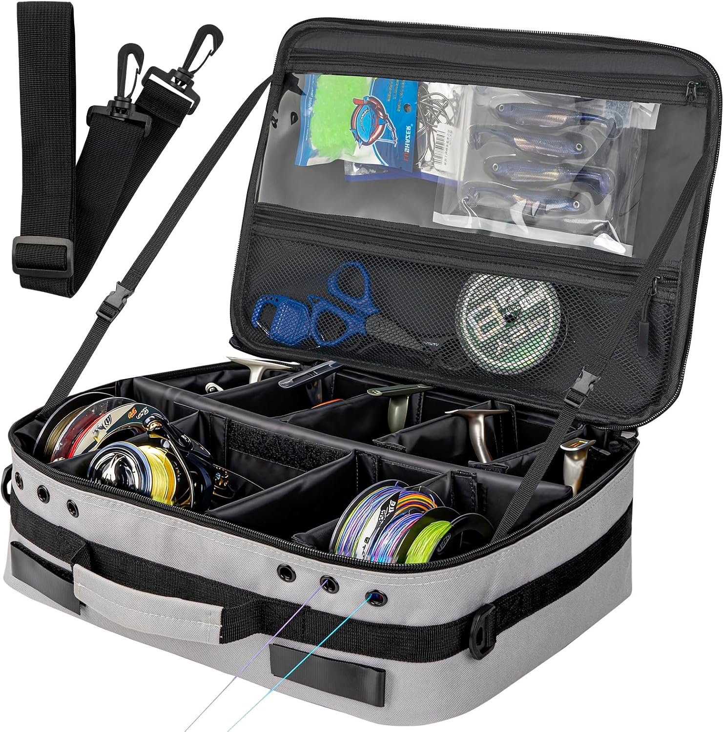 Fishing Gear Storage Bag With Detachable Reel Pouch And Adjustable Shoulder Strap; Suitable For Saltwater And Freshwater Fishing