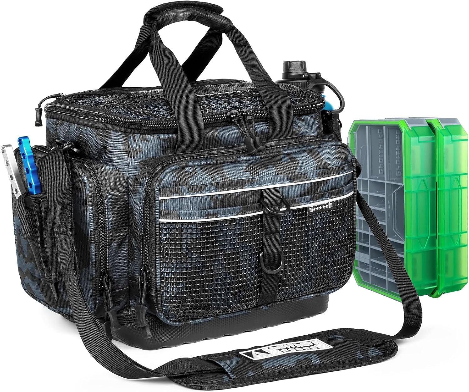 Tactical Fishing Backpack With 4 Tackle Boxes, Rod Straps, And Water Bottle Pocket
