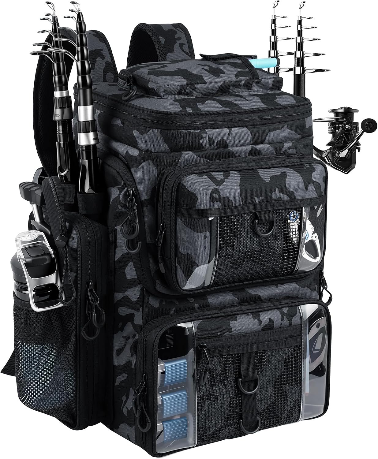 2-In-1 Compact Fishing Backpack With Tackle Boxes; Lightweight And Waterproof; Holds Two 3600-Size Tackle Boxes And Two Fishing Rods