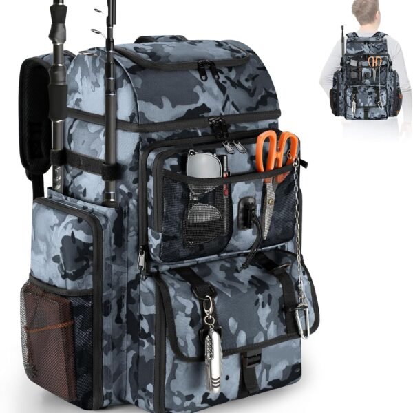 40l Fishing Backpack With Rod Holders And 4 Tackle Boxes; Suitable For Camping