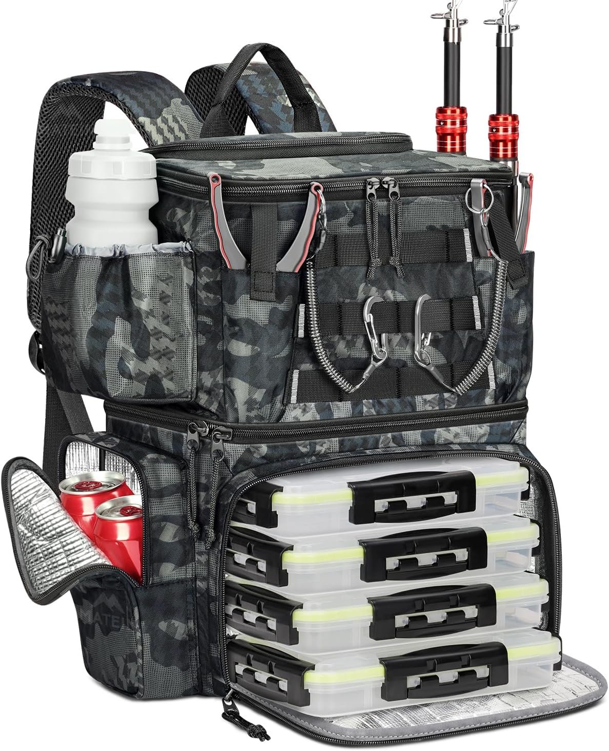 Fishing Gear Backpack With 2 Rod Holders, 4 Tackle Boxes, And Rain Cover