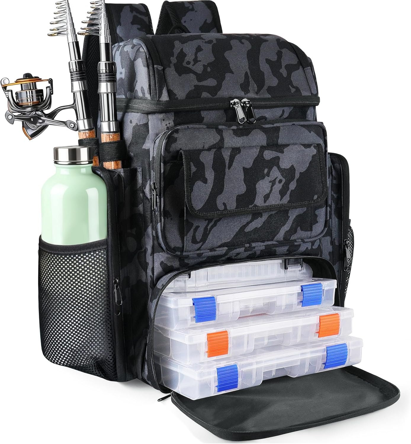 45l Fishing Backpack With Rod Straps And Rain Cover; Waterproof Fishing Gear Storage Bag